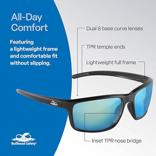 Bullhead Safety Eyewear Pompano Glasses - Anti-Fog, Lightweight, Impact/Scratch Resistant, Polarized Sunglasses for Cycling, Fishing, Driving, Ice Blue/Matte Black