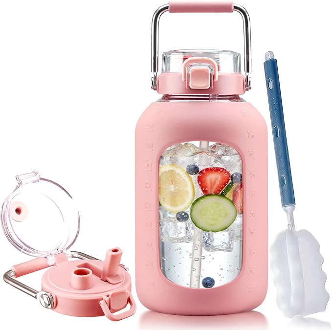 BLUEGO 100 oz Glass Water Bottle with Straw, Huge 3 Liter Water Bottle with Sturdy Handle, Glass Water Jug with Sleeve, Wide Mouth Water Container with Time Marker, Pink
