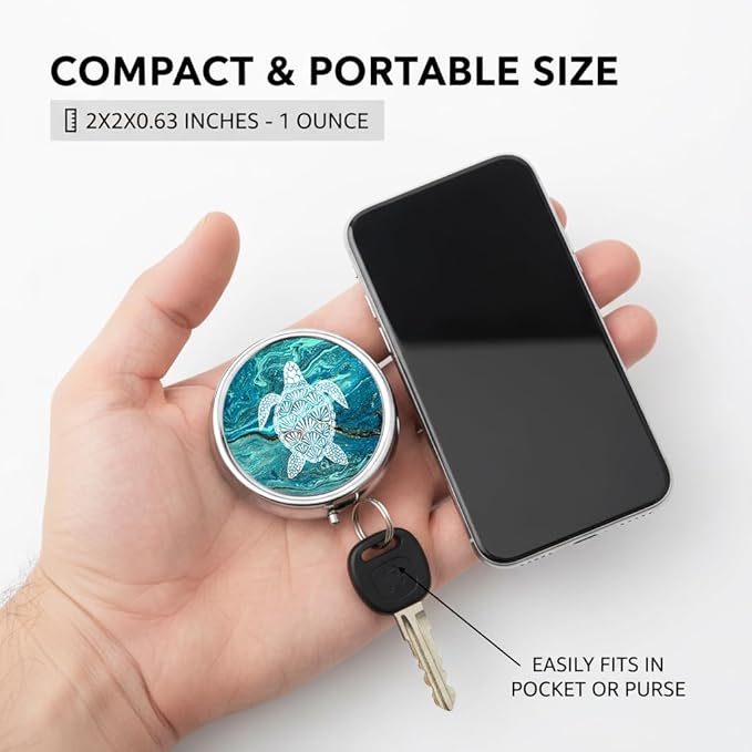 Sea Turtle Pill Box 3 Compartment Small Pill Case,Portable for Pocket or Purse Pill Organizer Pill Container Holder with Mirror to Hold Vitamins, Medication, Fish Oil and Supplements