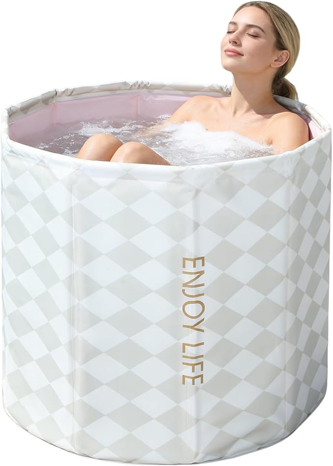 Portable Bathtub for Adults, Collapsible Freestanding Bathtub for Shower, Hot Ice Bath Tubs with Thickened Thermal Foam to Keep Temperature, PVC Outdoor Soaking Tub (Argyle)