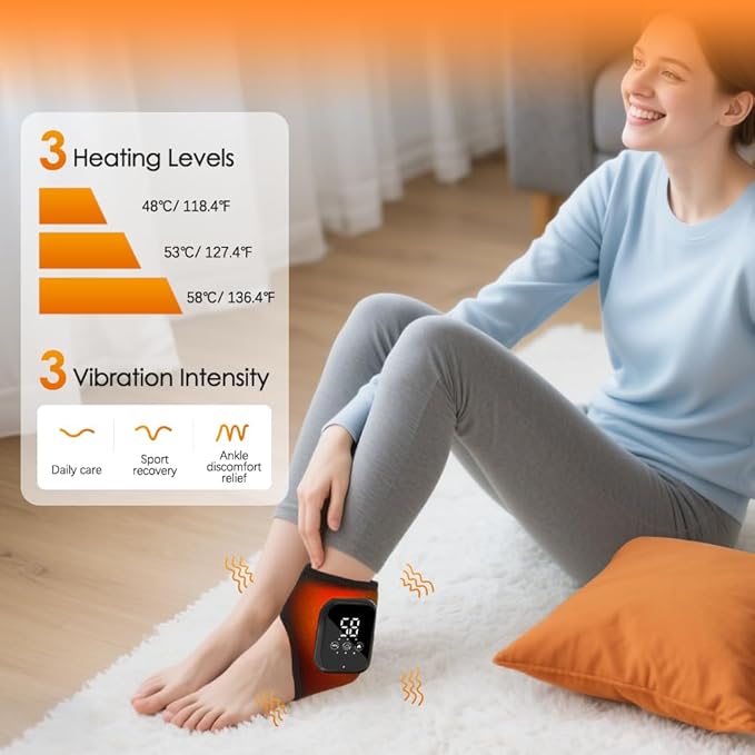 Heated Ankle Wrap with Vibration Massage – Cordless Electric Foot Massager Brace for Pain Relief, Swelling, Stiffness & Circulation – Rechargeable Heating Pad Support for Men & Women