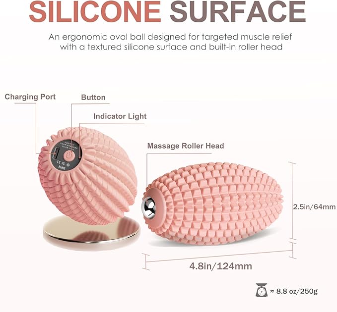 Vibrating Massage Ball for Muscle Recovery, Silicone Myofascial Massage Ball, Plantar Fasciitis Relief,Hip & Psoas Release, Deep Tissue & Trigger Point Roller for Neck, Back, Foot (Pink)