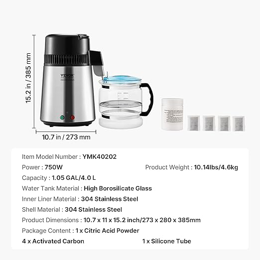 VEVOR Water Distiller, 4L/1.1 Gallon Pure Water Purifier Filter for Home Countertop, 750W Distilled Water Maker, Stainless Steel Interior Distiller Water Making Machine to Make Clean Water, Silver