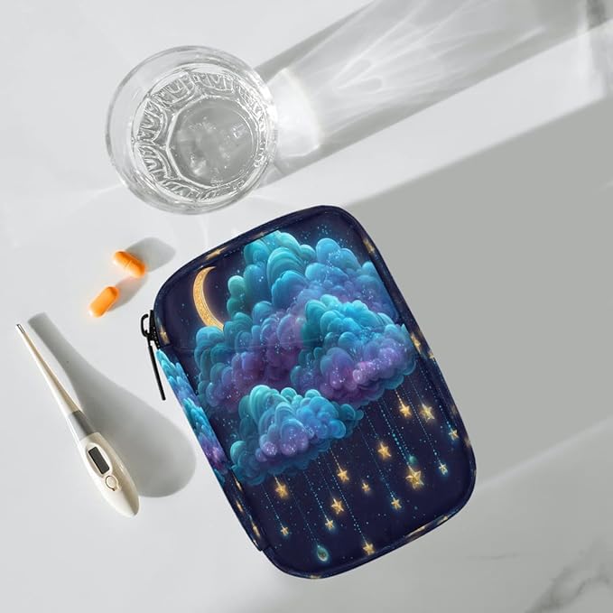 Stars Clouds Moon Pill Case Everyday Travel, 7 Day Weekly Medicine Pill Box Compact Portable Pills Bottle Organizer with Zipper for Daily Vitamin Medicine Holder Bottle Organizers Bag