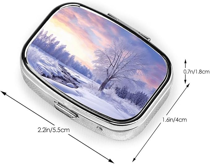Square Pill Box 2 Compartment Medicine Pill Case Winter Landscape Pill Box for Purse Pocket Waterproof Metal Pill Container Portable Pill Holder Mini Pill Organizer for Travel or Daily