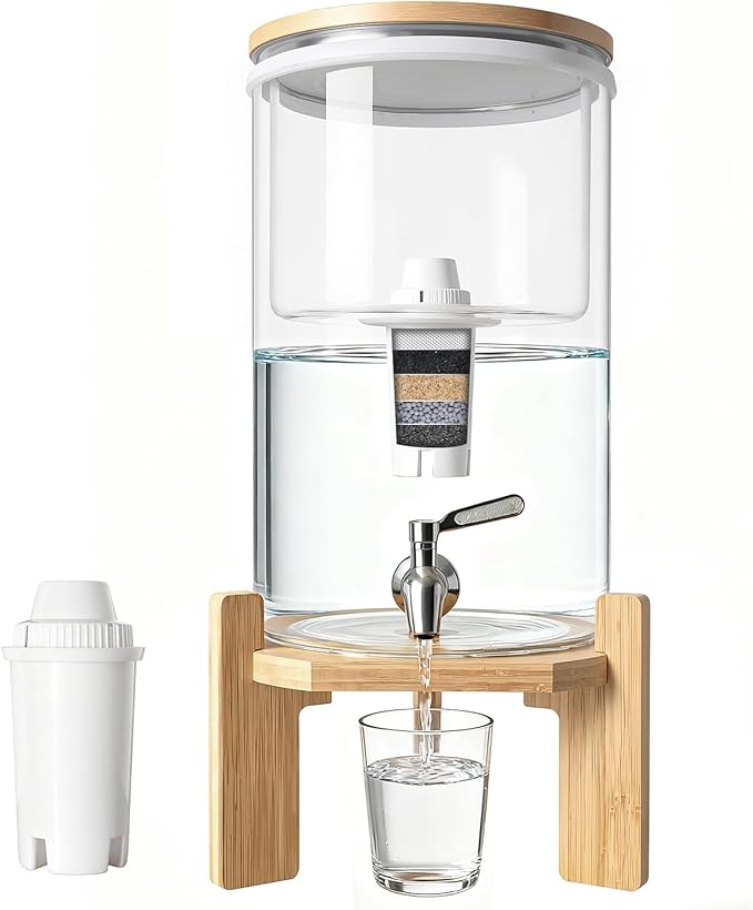 water filter dispenser Countertop water purifier System 2.1 Gallon Glass water filter with Wooden Stand and 1 Filters for Home and Office