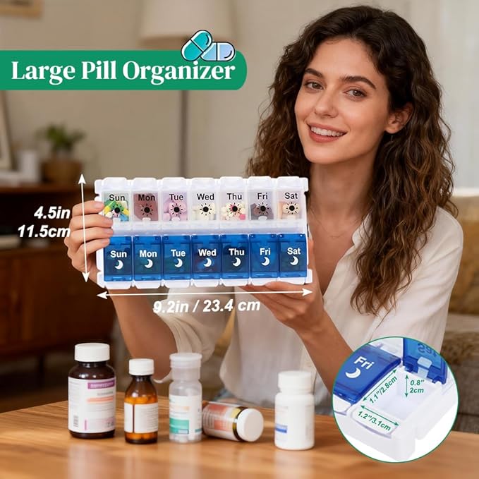 Shintop Weekly Pill Organizer 2 Times a Day, Easy Fill Am Pm Pill Box 7 Day Push Button Medicine Holder Daily for Vitamins Supplements(Blue & White)