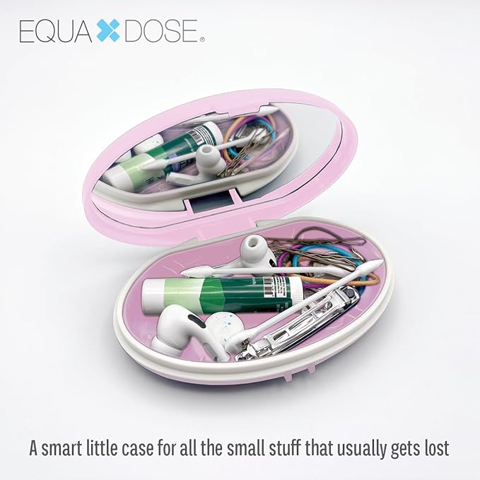 EQUADOSE Oval Compact Pill Case, Portable Organizer with Mirror, Travel Medication Holder with Removable Divider, Small Storage Case for Pills, Vitamins, Earbuds, Jewelry & Daily Essentials, Rose