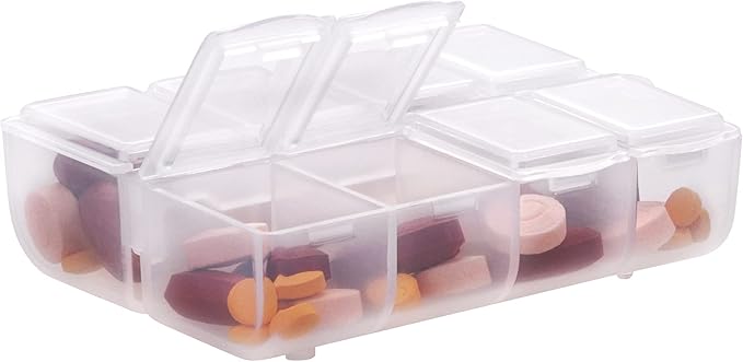 kwmobile 8-Compartment Pill Case - Pill Box Pill Organizer Pills Container Portable Holder 3" x 2-1/2" (75mm x 63mm) - Matte Transparent