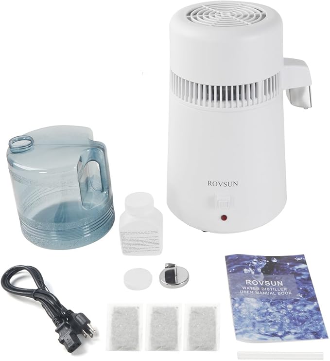 4L Countertop Water Distiller Machine Stainless Steel Home Pure Water Purifier Filter, 750W Distilled Water Maker with Glass Container, 1L/H