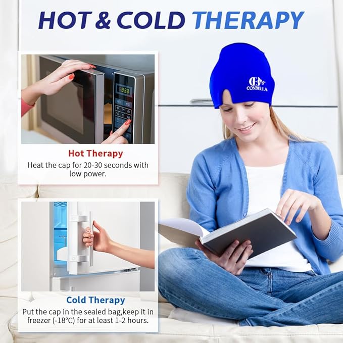 Migraine Relief Cap, Soothing Headache Ice Face Mask Products, Hot and Cold Therapy, Migraine Headache Relief Cap for Migraine, Sinus, Puffy Eyes, Tension, Stress and Hangover(Blue)