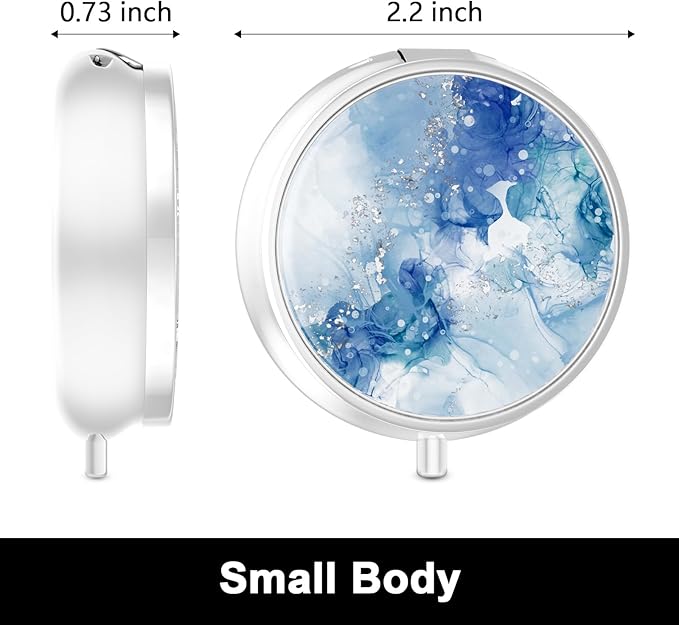Rouidr Pill Box, 3 Compartment Medicine Pill Case, Small Metal Travel Medicine Box for Purse & Pocket, Silver, Light Luxury Blue