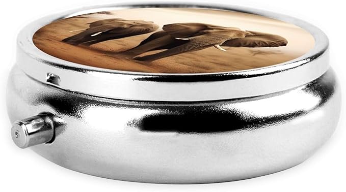 Wild Animals Elephants Print Pill Box 3 Compartment Round Pill Case with Mirror Metal Pill Organizer Travel Pillbox Mini Medicine Storage Box for Pocket Purse
