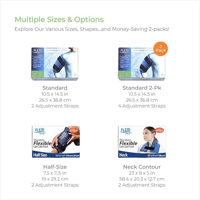 FlexiKold Standard, Half Size and Neck with Straps Gel Ice Cold Packs with Straps - Sizes: Large, Small, and Neck