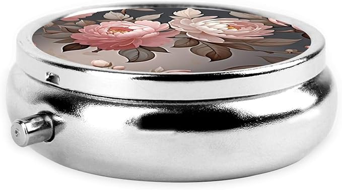 ZhongGuo Beautiful Pink Flower Printed Pill Organizer,Round Travel Pill Organizer Mini Medicine Pill Box for Purse Iron Plating