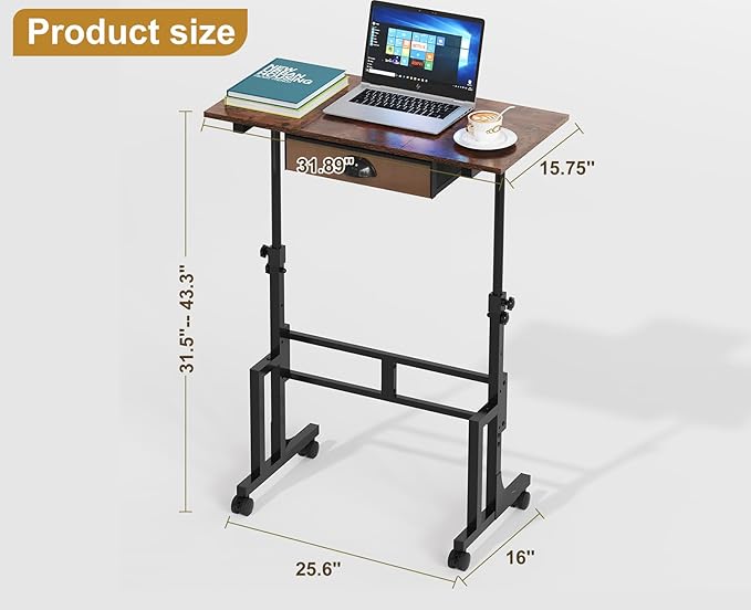 Adjustable Height Standing Desk With Drawer, Rolling Sit Stand Up Desk With Wheels, Small Sit To Stand Computer Desk, Adjustable Desktop Height, On Wheels, Brown, For Walking Pad Laptop Treadmill