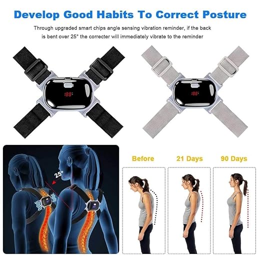 Smart Back Posture Corrector Shoulder Training Belt Intelligent LCD Display Screen Correction Humpback Vibration Massager Device (Color : Black)