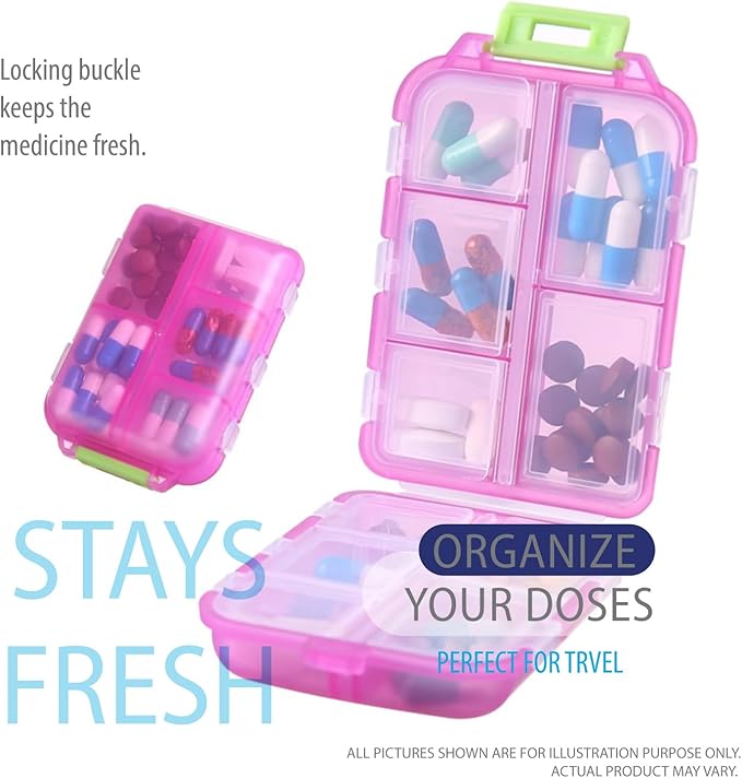 Deke Home - Portable Pill Organizer with 10 Compartments & Medication Label Stickers, Daily Pill Box for Travel, Vitamins, Supplements & Medicine Storage, Compact, Colorful, Easy to Identify (Pink)