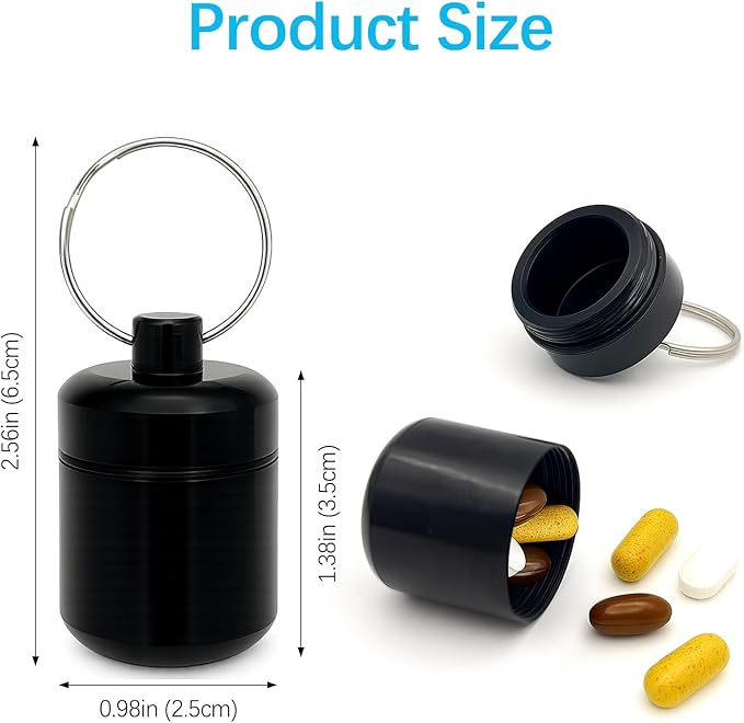 2-Pack Aluminum Pill Holder Keychain, Waterproof Mini Pill Box with Key Ring for Travel, Purse & Backpack
