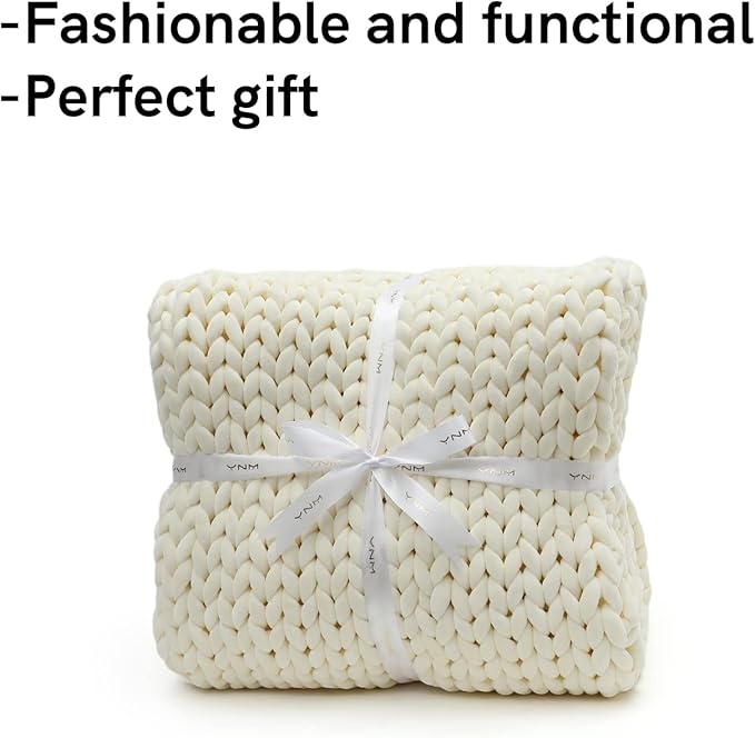 YnM Velvet Weighted Blanket, Handmade Chunky Knitted Design, Soft and Cozy, Temperature Regulating and Breathable, Machine Washable Throw for Sleep or Home Decor (Cream, 60x80 Inch, 15lbs)