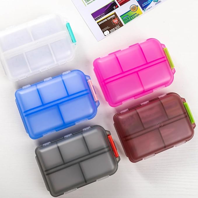 Custom Travel Pill Organizer, 10 Compartments Portable Pill Case with Medicine Labels, 5 Colors Daily Pill Box with 146 Kinds of commonly Used Medicine Name Stickers