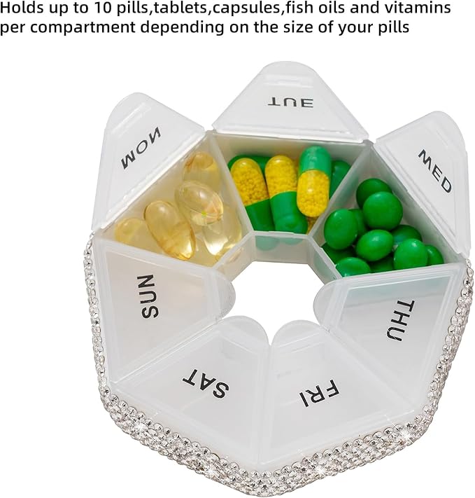Round Pill Organizer Small Weekly Pill Case for Purse Bling Cute Medicine Pill Box Compact Vitamin Container 7 Day Daily Pill Holder Planner(White)