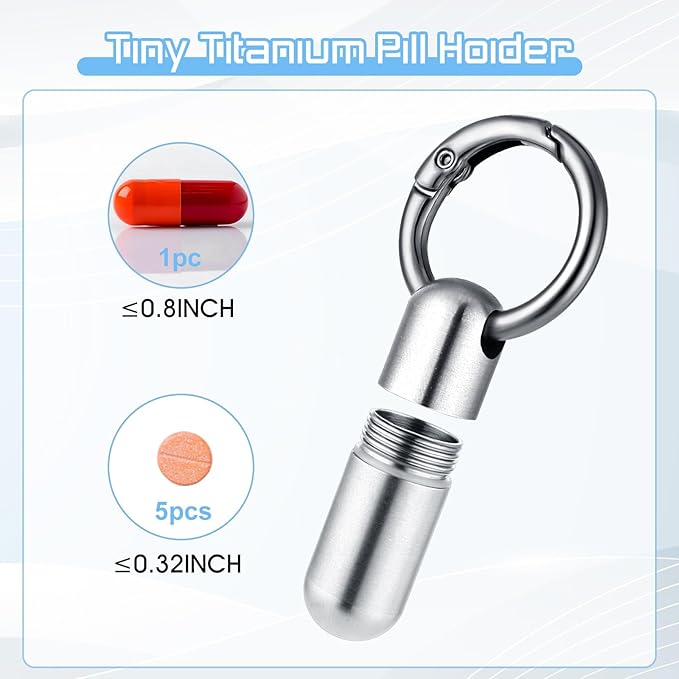 Small Pill Case Keychain Portable Waterproof Titanium Pocket Pill Organizer Tiny Pill Holder Bottle Carabiner Clip Pill Holder Bottle for Outdoor Camping Travel Purse