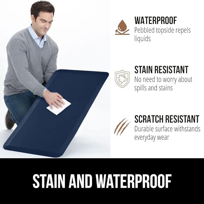 GORILLA GRIP Comfortable Cushioned Kitchen Mats for Floor, 70x24, Waterproof and Stain Resistant Soft Top, 3/4 Inch Thick Ergonomic Standing Desk Anti Fatigue Mat, Foam Supports Feet, Navy Blue