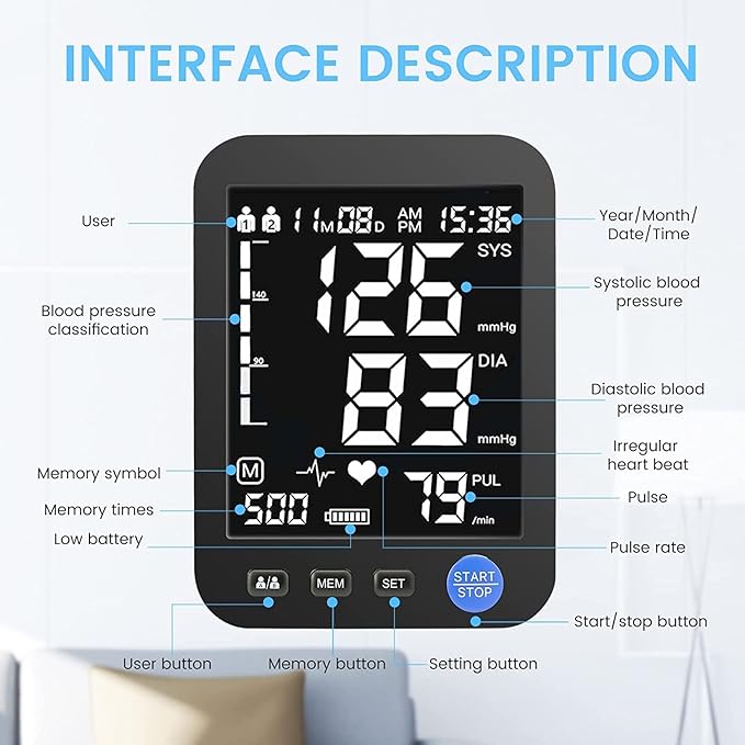 Blood Pressure Machine for Home Use, Automatic Blood Pressure Monitor with Extra Large Screen, Adjustable BP Cuff Arm Kits 2 * 999 Memories 4 Batteries Includes Charging Cord (Black)