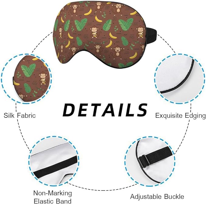 Cute Monkey Silk Sleep Mask, Adjustable Elastic Strap, Yellow, Animal Banana Palm Leaf Pattern, Soft Eye Shade Cover for Men Women Boy Girl Airplane Travel
