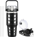 MUKOKO 32 oz Glass Tumbler with Straw,Glass Water Bottles with Time Marker,Iced Coffee Cup with Silicone Sleeve,Motivational Drinking Bottles,Leakproof-Black