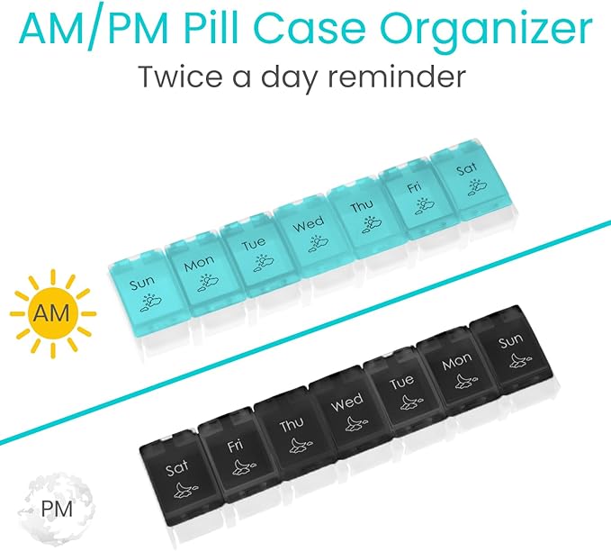 Vive Pill Organizer 2 Times a Day - Weekly Large Am Pm Pill Box 7 Day - Day and Night Medication Dispenser for Vitamin, Supplements, Fish Oil - Travel Pill Case Arthritis Friendly with Push Button