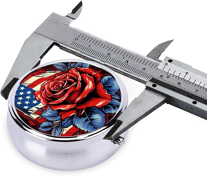 Patrotic Rose American Flag Pill Box 3 Compartment Pill Case, Portable Medicine Pill Organizer for Pocket Purse Pill Box Decorative Metal Medicine Vitamin Organizer