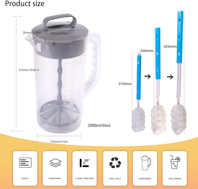 2 Quart/64oz Mixing Pitcher with Adjustable Plunger & Lid - BPA-Free, Leakproof Drink Container for Juice, Formula, Tea - Wide Mouth, Easy Clean, Vortex Mixing Technolog