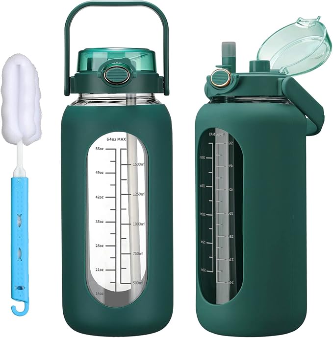 64oz Glass Water Bolttles with Straw Half Gallon Large Motivational Water Bottle with Time Marker Sports Water Bottles with Silicone Sleeve and Handle Lid Water Jug for Gym Workout