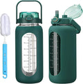 64oz Glass Water Bolttles with Straw Half Gallon Large Motivational Water Bottle with Time Marker Sports Water Bottles with Silicone Sleeve and Handle Lid Water Jug for Gym Workout