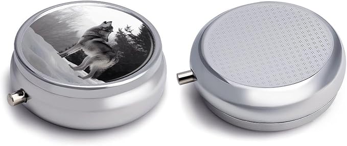 Howling Wolf Pill Box Travel Pill Case for Purse Pocket Weekly Medicine Organizer with Mirror 3 Compartment Round Medicine Case Portable PillcaseHolder for Daily