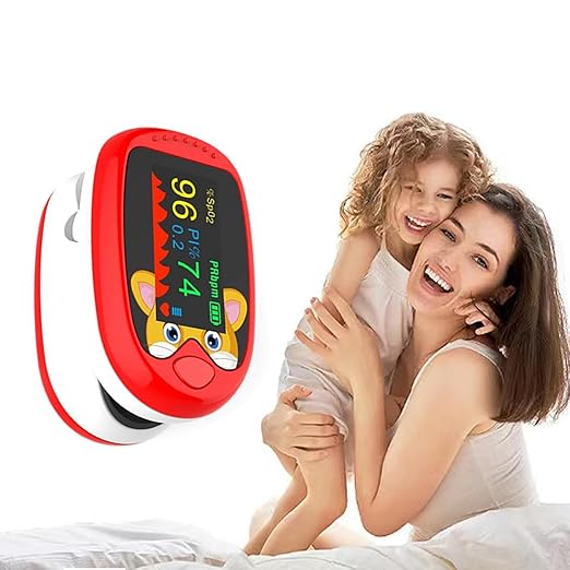 Pulse Oximeter for Kids (Aged 2-12) Rechargeable Children Oxygen and Heart Monitor Fingertip Blood Oxygen Meter Lanyard Portable Digital Oxygen Saturation Monitor (red)