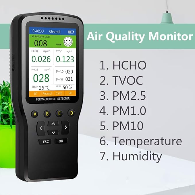 Air Quality Monitor Indoor, 8 in 1 Formaldehyde Detector, voc Meter, Detect Indoor HCHO,TVOC,AQI,PM2.5,PM10,PM1.0,Temperature and Humidity Tester. Colorful LCD Screen & USB Charging