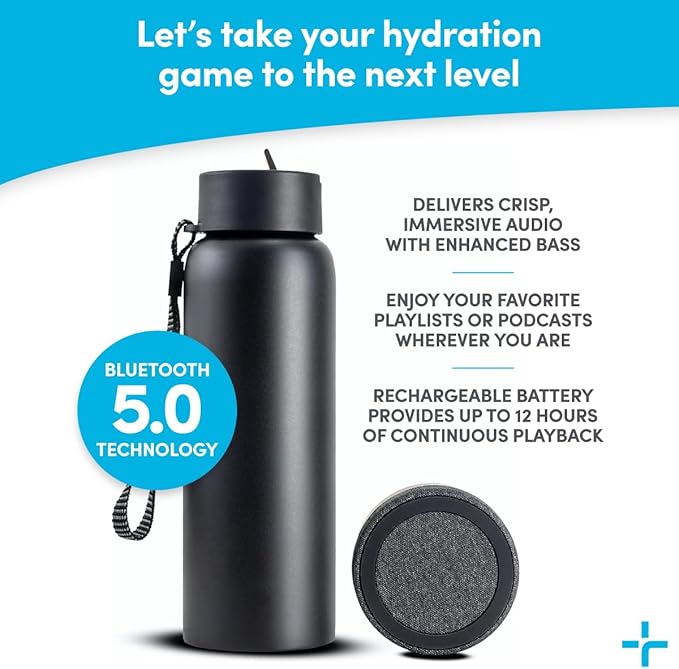TYLT Smart Water Bottle with Bluetooth Speaker, Wireless Stainless Steel Insulated Travel Tumbler with Flip Straw, Rechargeable, Portable, Double Layered, 24oz (Black)