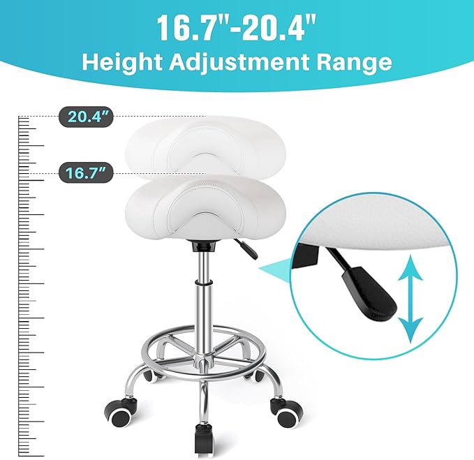 YEEZEE Saddle Stool Ergonomic- Comfortable Rolling Saddle Stool with Wide Thick Saddle Seat Padding, Swivel Adjustable Saddle Chair with Wheels and Ring Pedal for Medical Massage Salon (Classic White)