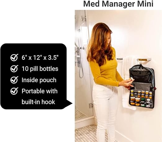Med Manager Medicine Organizer and Portable Medical Binder, Holds (15) Pill Bottles - (11) Standard Size and (4) Large Bottles, Includes Removable 5-Tab File Folder, Light Blue, 14 x 14 x 4 inches