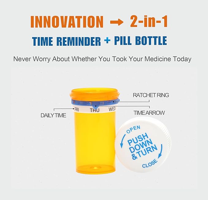 Smart Pill Bottle, Automatic Medication Reminder, Pill Organizer, 7 Day Weekly Tracker, Daily Medicine Dispenser, Child-Resistant Cap, Seniors Friendly