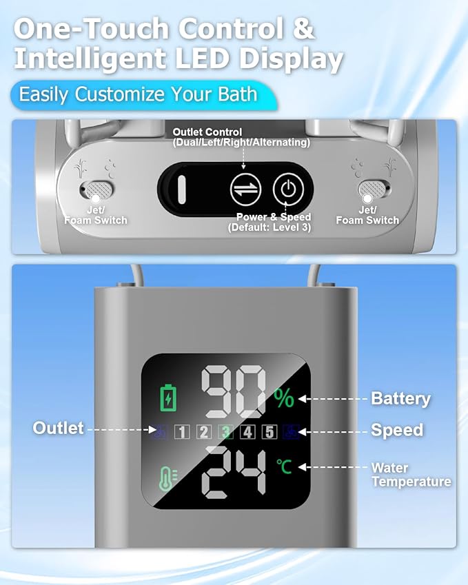 Portable Bath Jets for Tub: Jet Spa for Bathtub with 5-Speed,Bath Jet/Bubble Mode, IPX8 Waterproof, LED Screen,Rechargeable Bathtub Jets with 8 Suction Cups, Birthday Gifts for Women - Beige