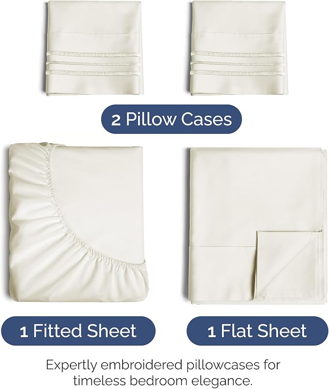 Cal King Size 4 Piece Sheet Set - Extra Soft, Breathable & Cooling Sheets - Hotel Luxury Durable Bed Sheets for Women & Men - Deep Pockets, Easy-Fit & Wrinkle-Free Sheets - Ivory Oeko-Tex Bed Sheets