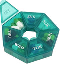 Deke Home - Small Weekly Pill Organizer, Round Pill Dispenser for Travel, Mini Pill Organizer, Compact Medicine Holder, Pill Sorters 7 Days, Portable Vitamin Container, BPA Free (Food Grade)