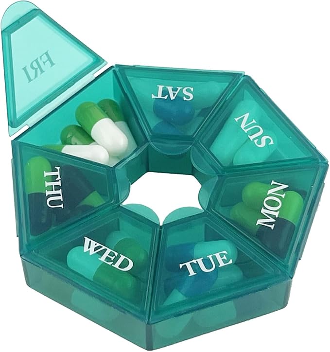 Deke Home - Small Weekly Pill Organizer, Round Pill Dispenser for Travel, Mini Pill Organizer, Compact Medicine Holder, Pill Sorters 7 Days, Portable Vitamin Container, BPA Free (Food Grade)