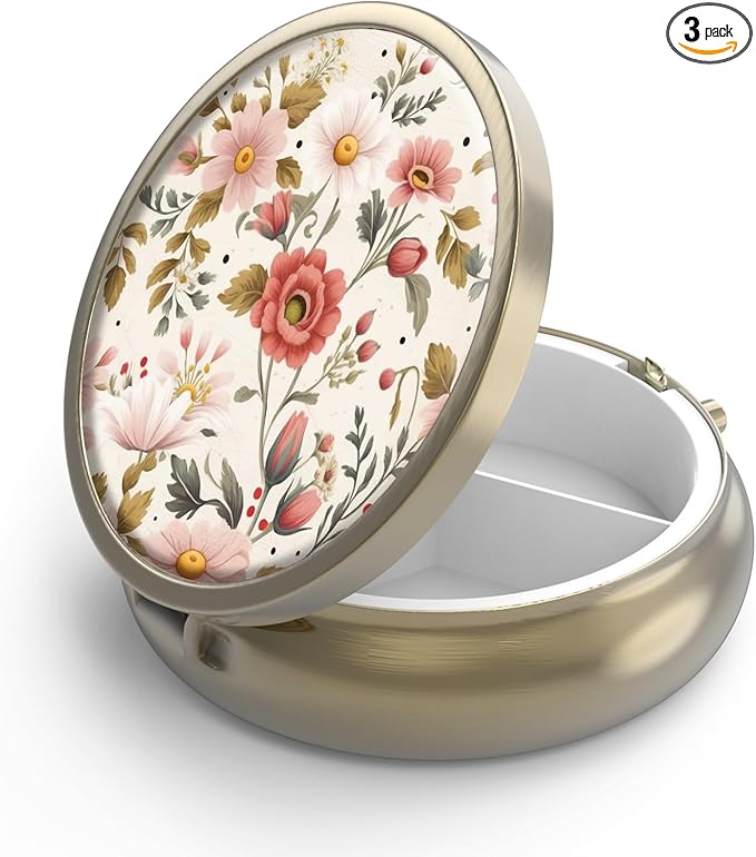 Pill Case Pill Box with Mirror Retro 3 Compartment Small Pill Case for Purse or Pocket Bronze Small Roud Pill Box or Vitamins, Fish Oil, Supplements, Pill Containe Travel Gifts（Retro Red Flowers）