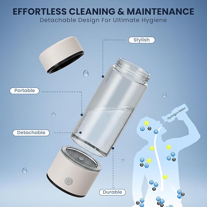 Hydrogen Water Bottle, Portable & Rechargeable – Molecular Hydrogen Water Generator, Alkaline Ionizer, Hydrogenated Water Purifier for Health & Fitness with Hydrogen-Rich Water White