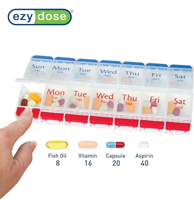 EZY DOSE Push Button (7-Day) Pill Case, Medicine Planner, Daily Vitamin Organizer, 2 Times a Day AM/PM, Large Compartments, Arthritis Friendly, Easy to Use, Clear Lids, Red/Blue, BPA Free (Pack of 2)